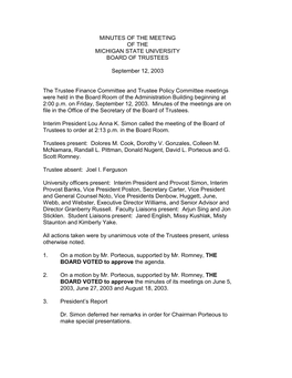 Minutes of the Meeting of the Michigan State University Board of Trustees