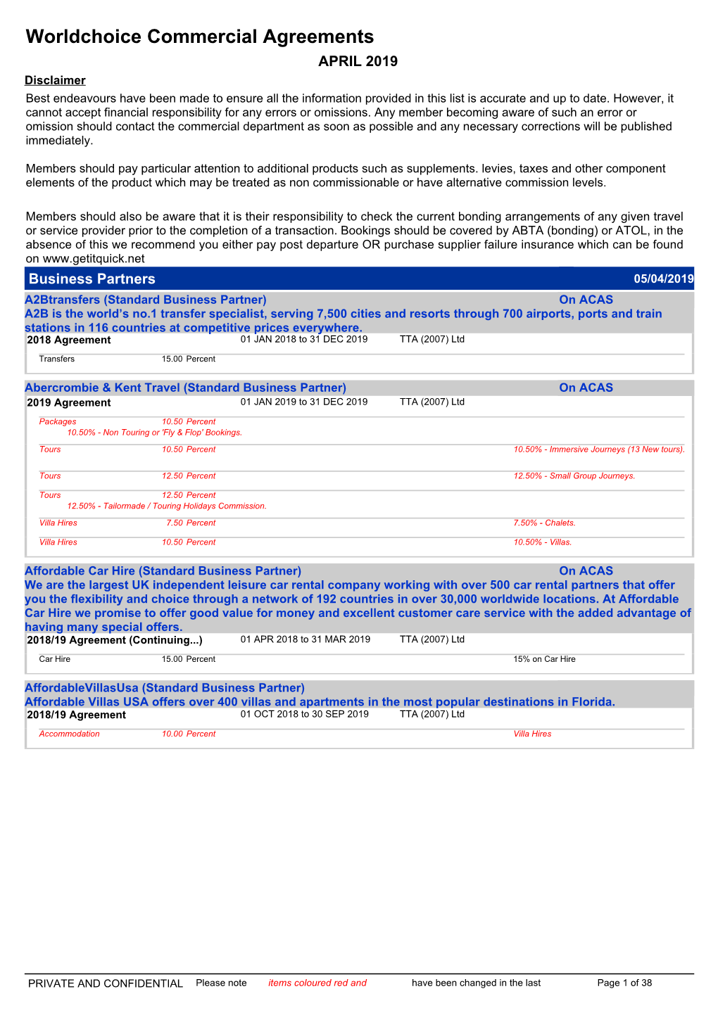 Worldchoice Commercial Agreements APRIL 2019 Disclaimer Best Endeavours Have Been Made to Ensure All the Information Provided in This List Is Accurate and up to Date