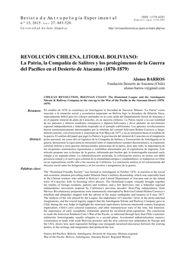 REVOLUCIÓN CHILENA, LITORAL BOLIVIANO: La Patria, La Compañía De Salitres Y Los Prolegómenos De La Guerra Del Pacífico En El Desierto De Atacama (1870-1879)