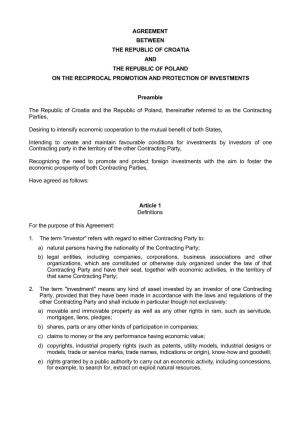Agreement Between the Republic of Croatia and the Republic of Poland on the Reciprocal Promotion and Protection of Investments