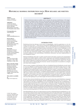 Historical Mammal Distribution Data: How Reliable Are Written Records? Research Article Boshoff & Kerley