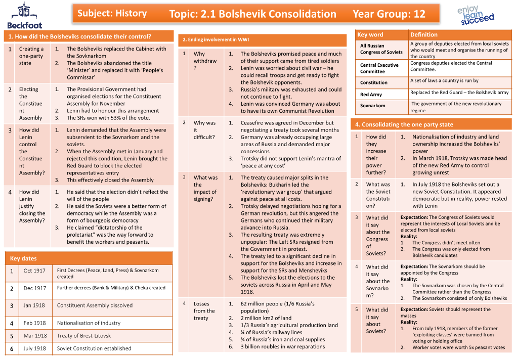 Topic: 2.1 Bolshevik Consolidation Year Group: 12