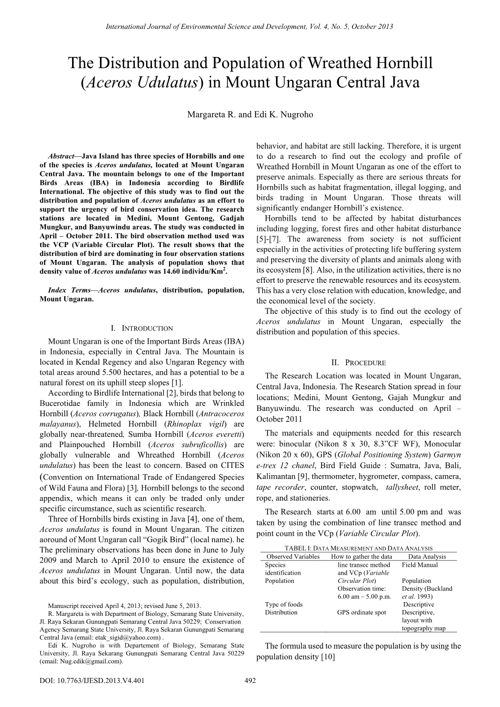 The Distribution and Population of Wreathed Hornbill (Aceros Udulatus) in Mount Ungaran Central Java