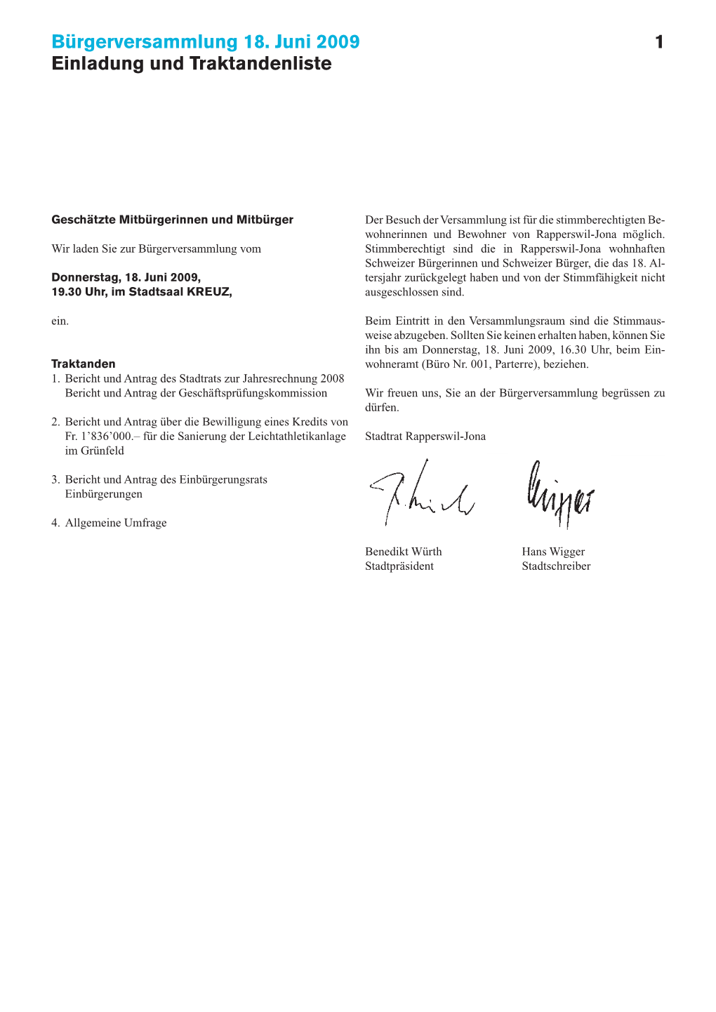 Bürgerversammlung 18. Juni 2009 Einladung Und Traktandenliste 1