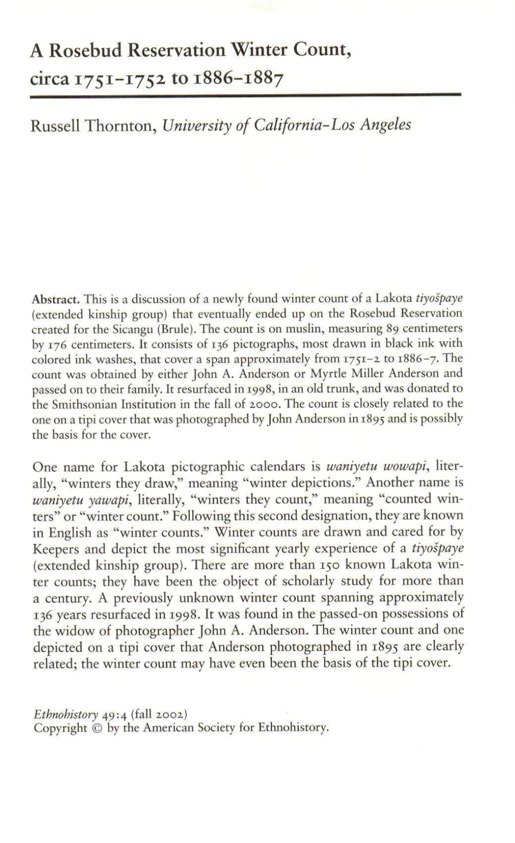 A Rosebud Reservation Winter Count, Circa 1751-1752 to 1886-1887