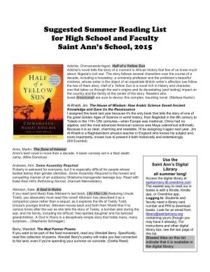 Suggested Summer Reading List for High School and Faculty Saint Ann’S School, 2015