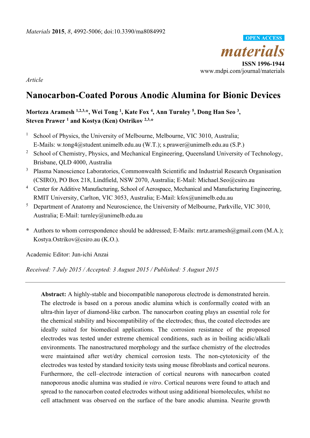 Nanocarbon-Coated Porous Anodic Alumina for Bionic Devices