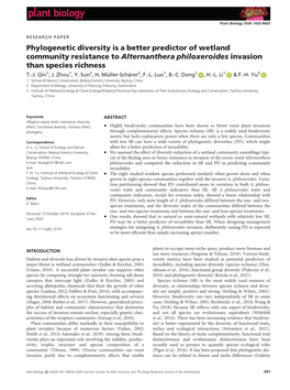 Phylogenetic Diversity Is a Better Predictor of Wetland Community Resistance to Alternanthera Philoxeroides Invasion Than Species Richness T.-J