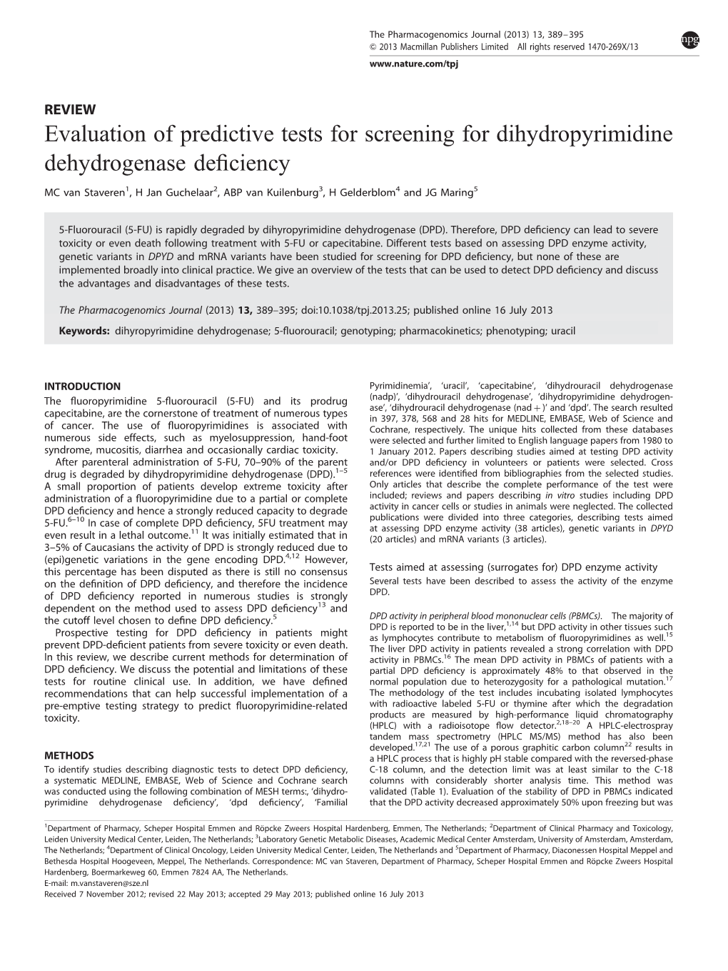 Evaluation of Predictive Tests for Screening for Dihydropyrimidine Dehydrogenase Deﬁciency