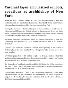 Cardinal Egan Emphasized Schools, Vocations As Archbishop of New York