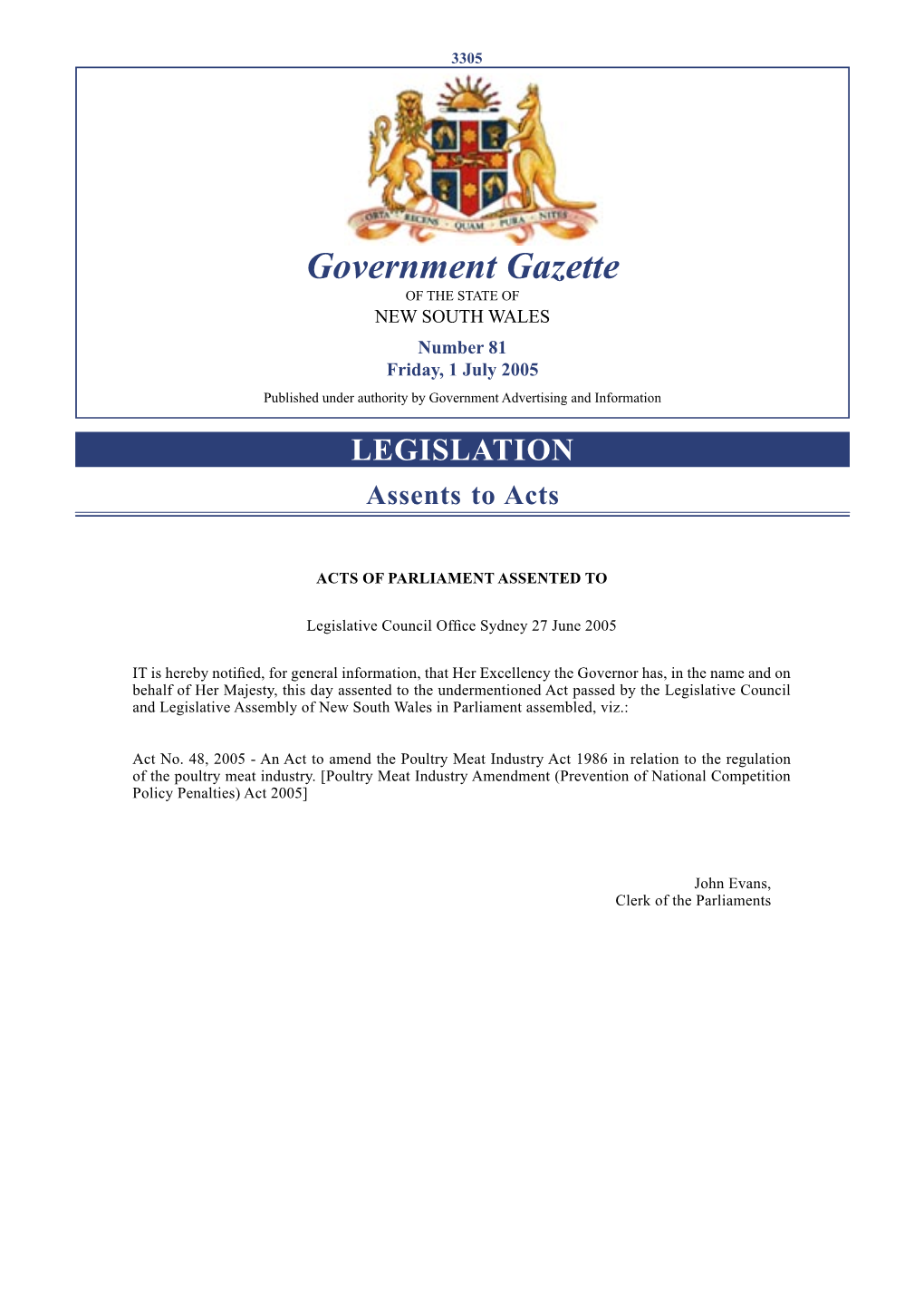 Government Gazette of the STATE of NEW SOUTH WALES Number 81 Friday, 1 July 2005 Published Under Authority by Government Advertising and Information