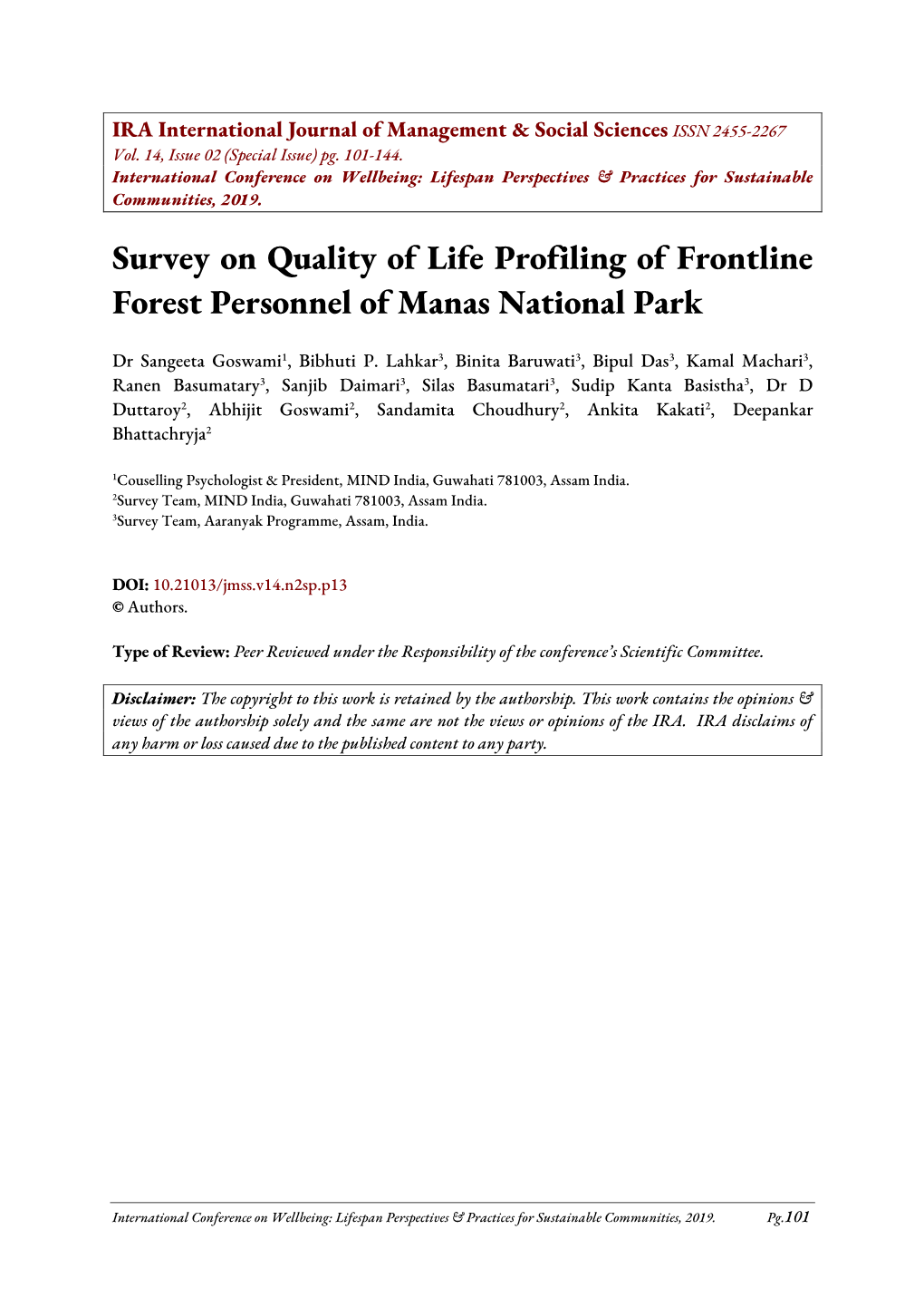 Survey on Quality of Life Profiling of Frontline Forest Personnel of Manas National Park