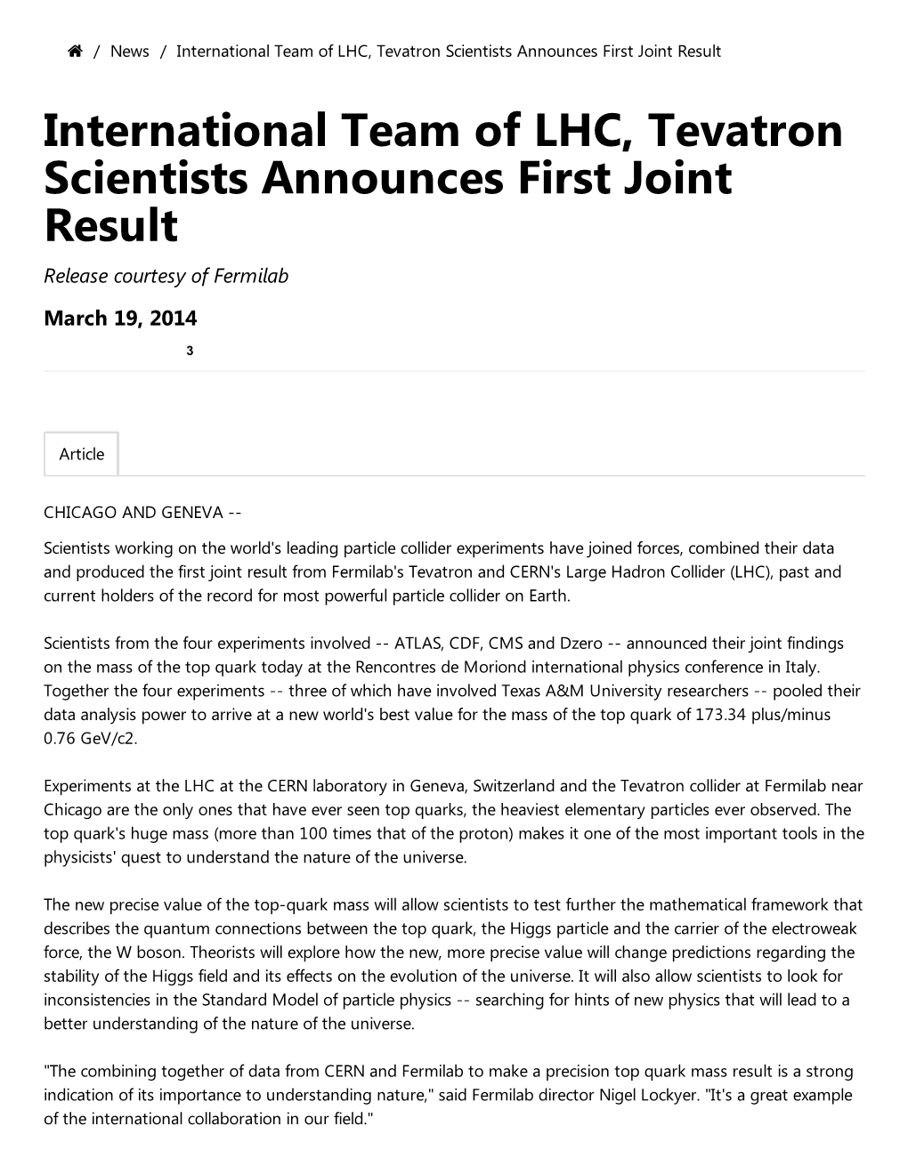 International Team of LHC, Tevatron Scientists Announces First Joint Result