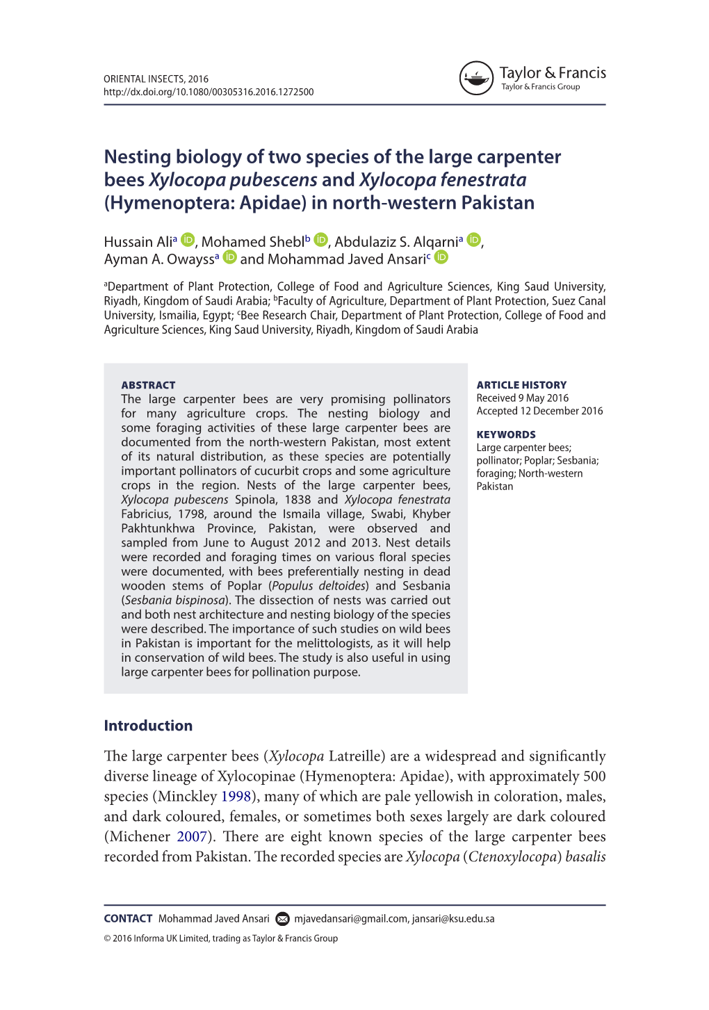 Nesting Biology of Two Species of the Large Carpenter Bees Xylocopa Pubescens and Xylocopa Fenestrata (Hymenoptera: Apidae) in North-Western Pakistan