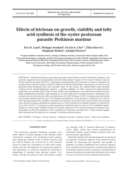 Effects of Triclosan on Growth, Viability and Fatty Acid Synthesis of the Oyster Protozoan Parasite Perkinsus Marinus