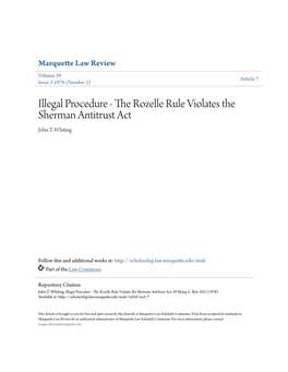 Illegal Procedure - the Rozelle Rule Violates the Sherman Antitrust Act John T