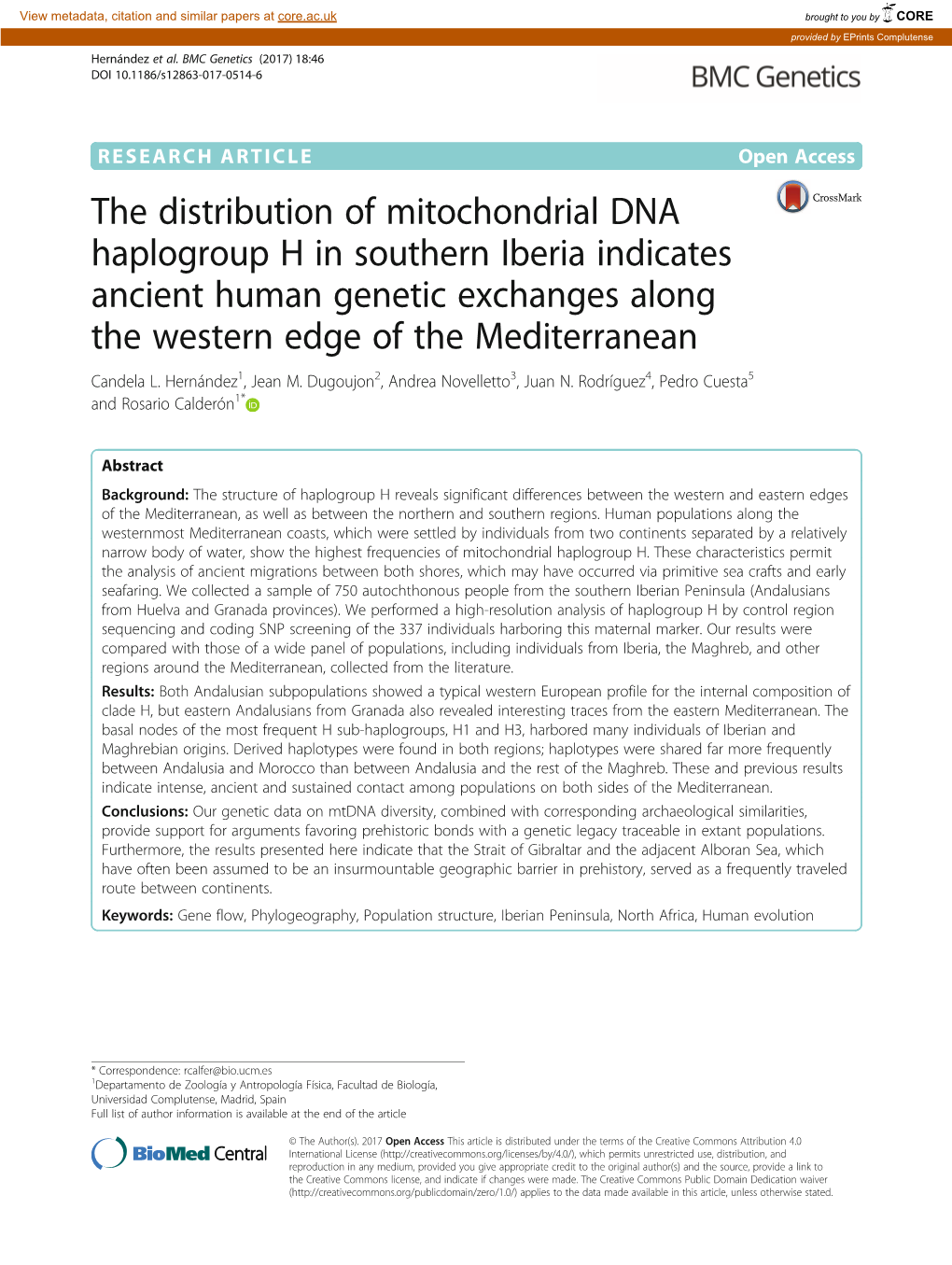 The Distribution of Mitochondrial DNA Haplogroup H in Southern Iberia Indicates Ancient Human Genetic Exchanges Along the Western Edge of the Mediterranean Candela L
