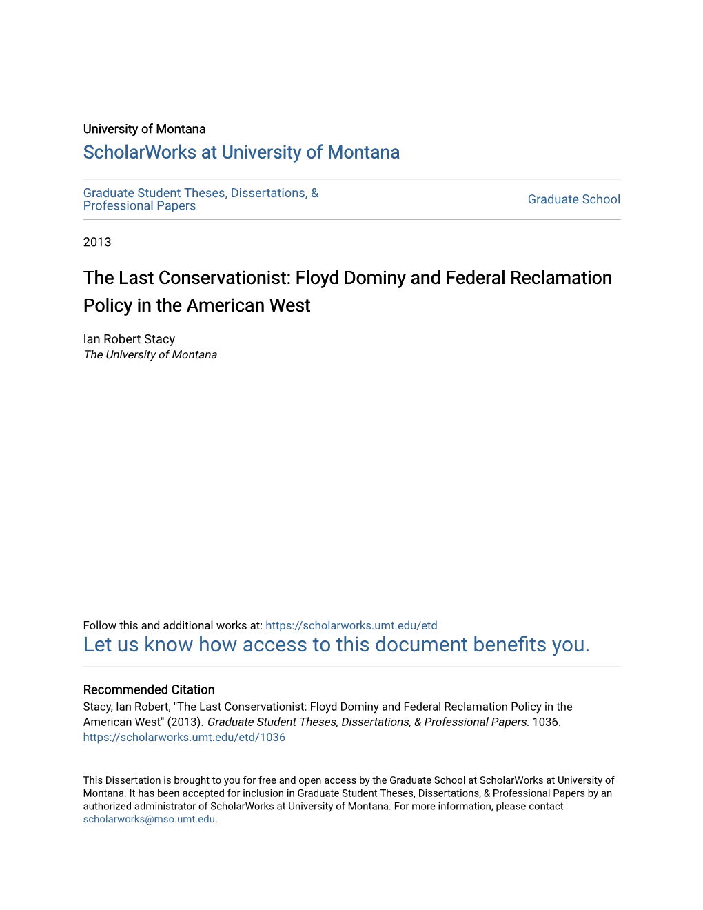 Floyd Dominy and Federal Reclamation Policy in the American West