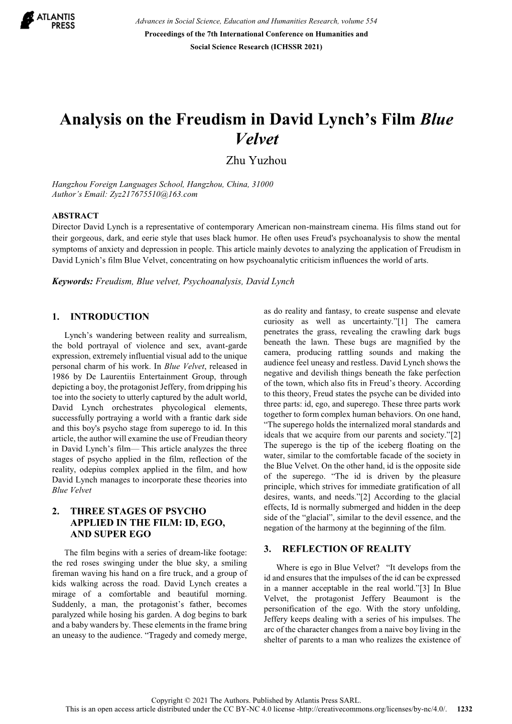 Analysis on the Freudism in David Lynch's Film Blue Velvet