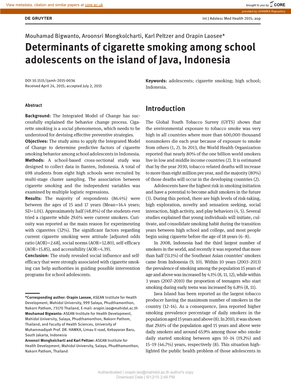 Determinants of Cigarette Smoking Among School Adolescents on the Island of Java, Indonesia