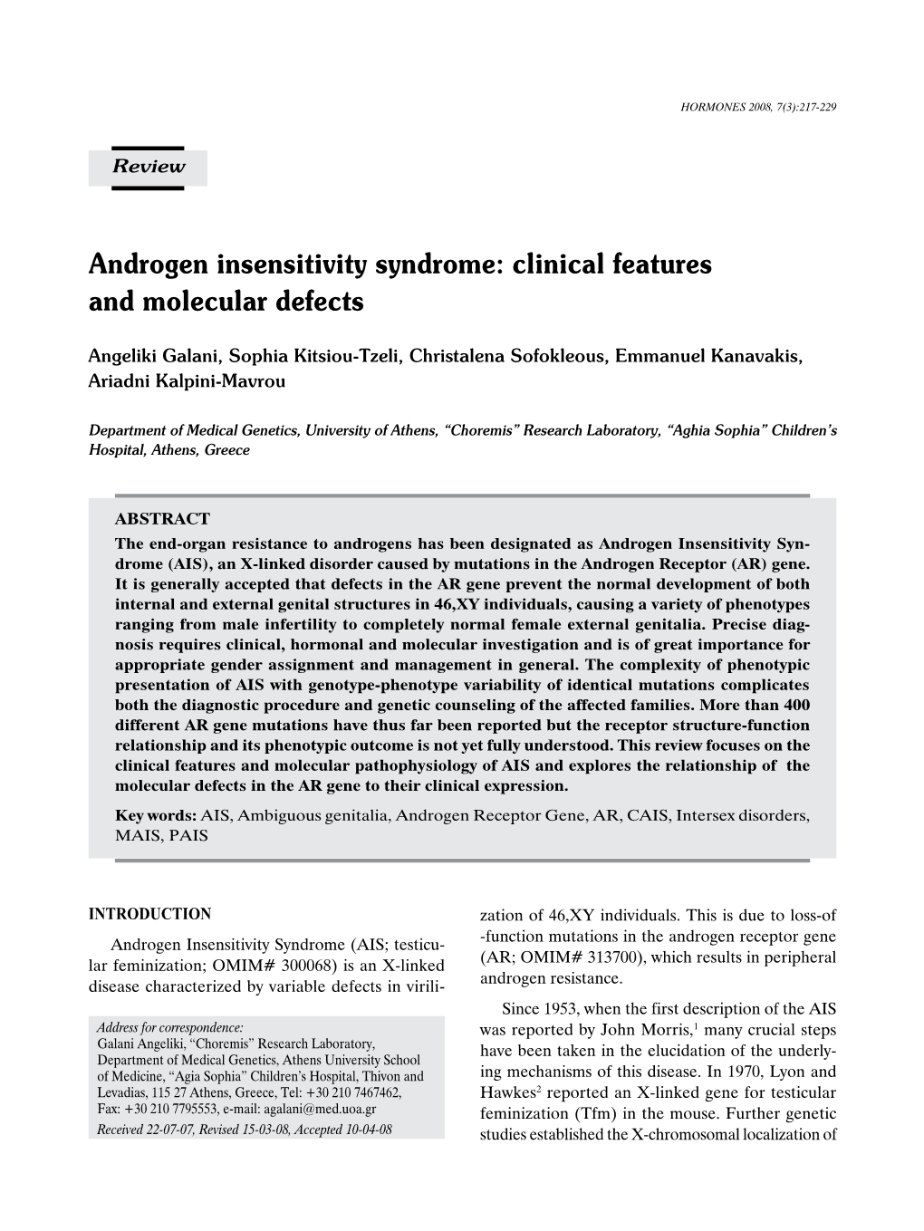 Androgen Insensitivity Syndrome: Clinical Features and Molecular Defects