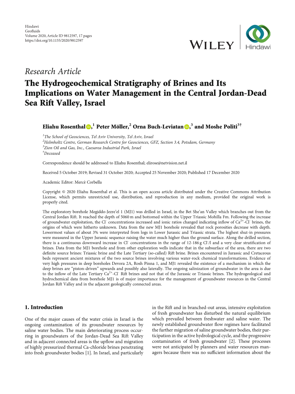 Research Article the Hydrogeochemical Stratigraphy of Brines and Its Implications on Water Management in the Central Jordan-Dead Sea Rift Valley, Israel