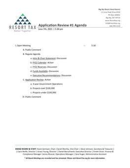 Application Review #1 Agenda 406.995.3234 June 7Th, 2021 | 5:30 Pm