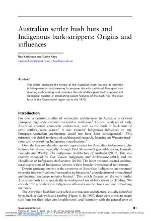 Australian Settler Bush Huts and Indigenous Bark-Strippers: Origins and Inﬂuences