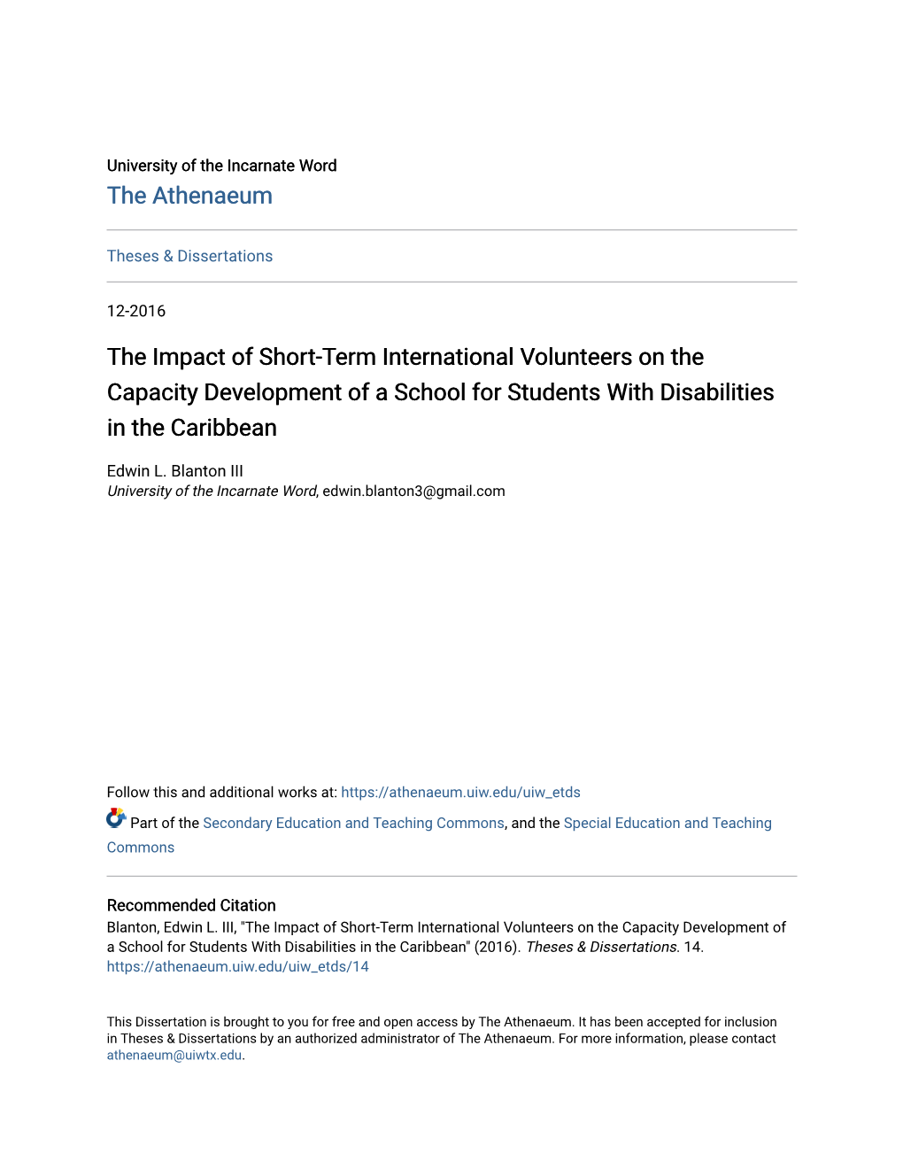 The Impact of Short-Term International Volunteers on the Capacity Development of a School for Students with Disabilities in the Caribbean