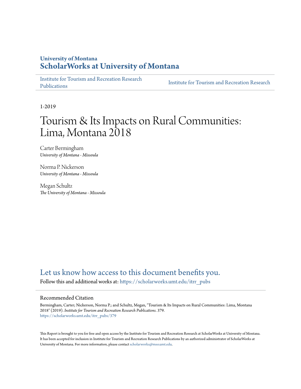 Tourism & Its Impacts on Rural Communities: Lima, Montana 2018