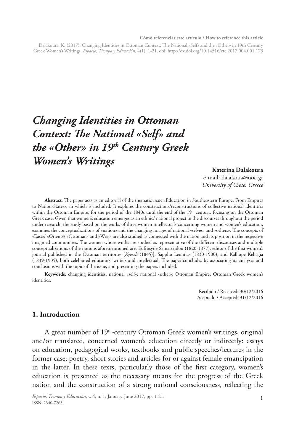 Changing Identities in Ottoman Context: the National «Self» and the «Other» in 19Th Century Greek Women’S Writings