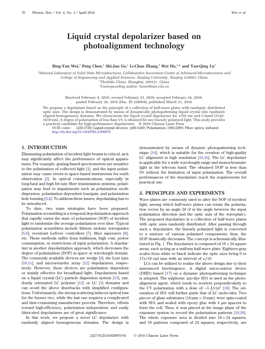 Liquid Crystal Depolarizer Based on Photoalignment Technology