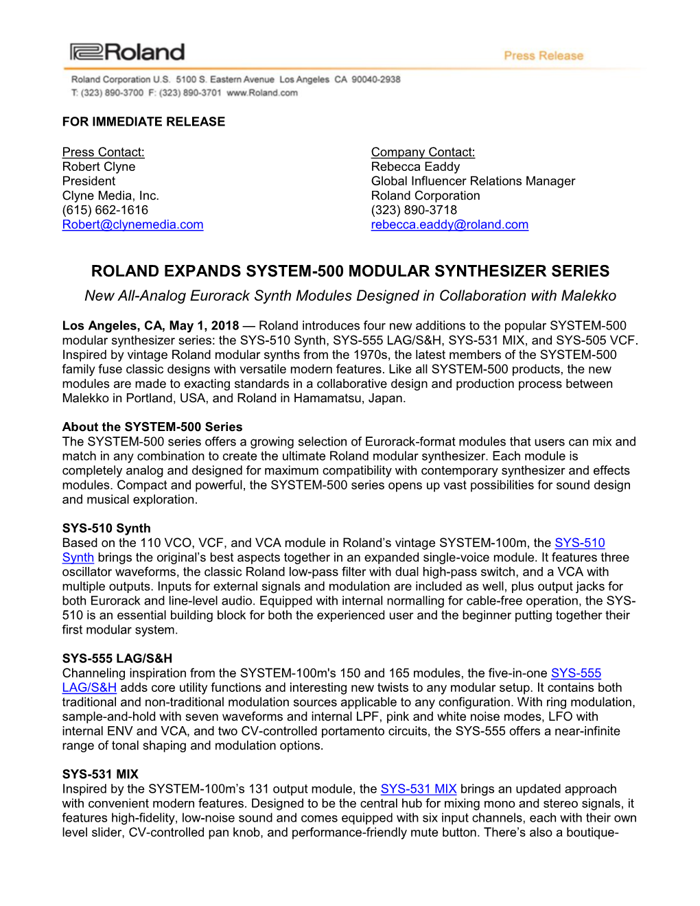 Roland Expands System-500 Modular Synthesizer Series