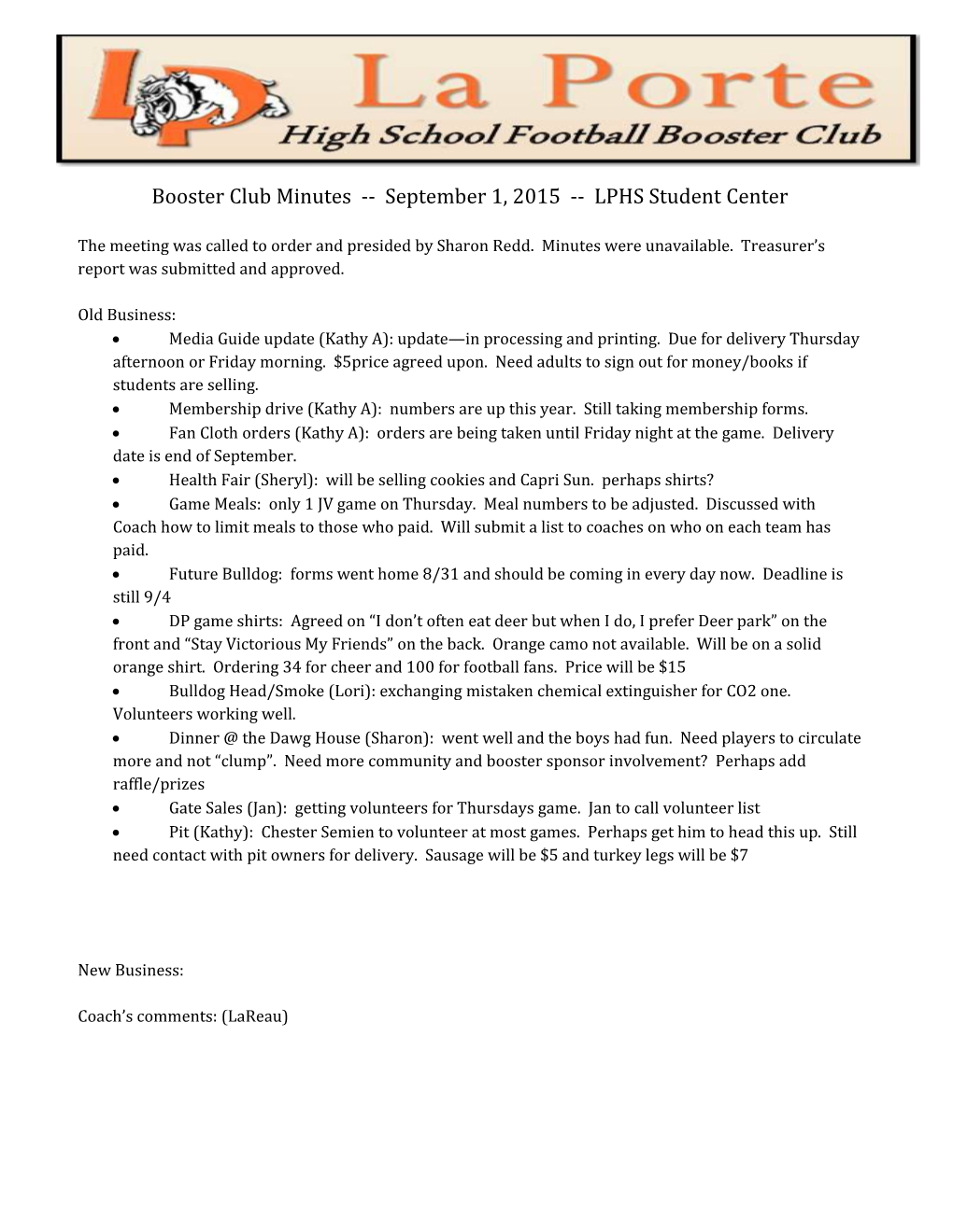 Booster Club Minutes September 1, 2015 LPHS Student Center