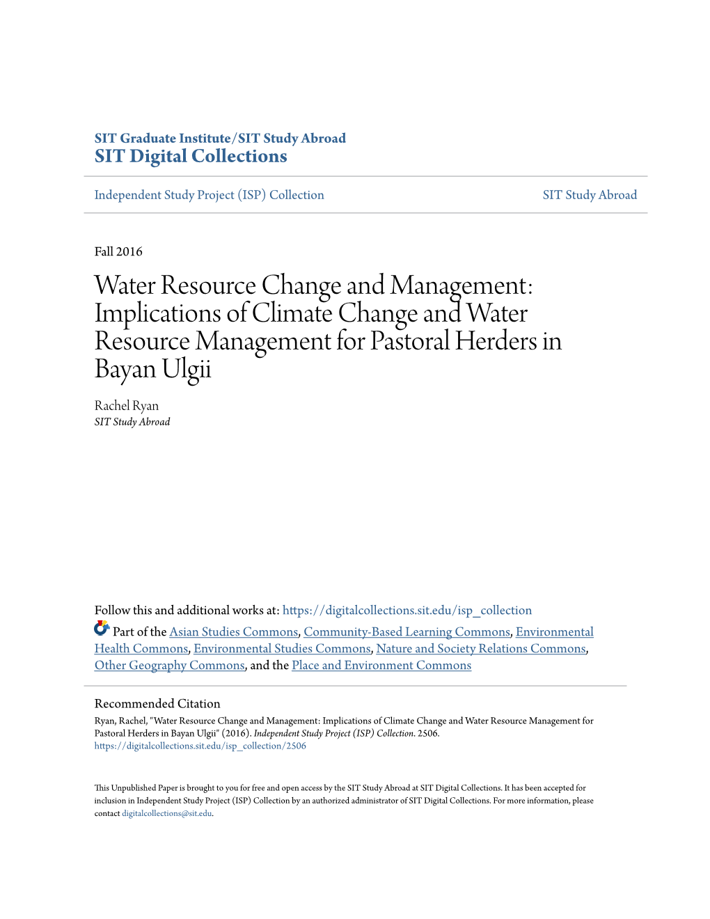 Implications of Climate Change and Water Resource Management for Pastoral Herders in Bayan Ulgii Rachel Ryan SIT Study Abroad