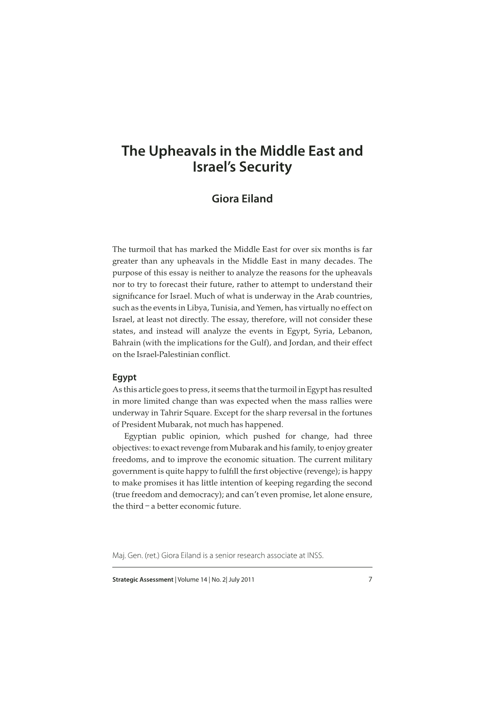 The Upheavals in the Middle East and Israel's Security