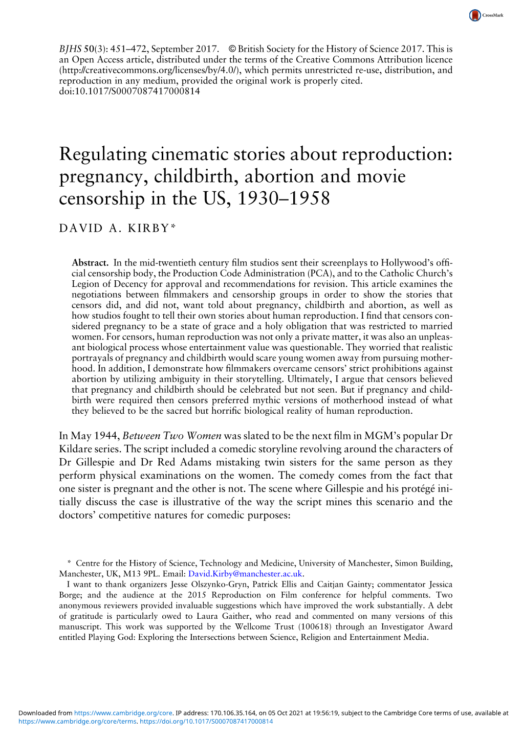 Pregnancy, Childbirth, Abortion and Movie Censorship in the US, 1930–1958