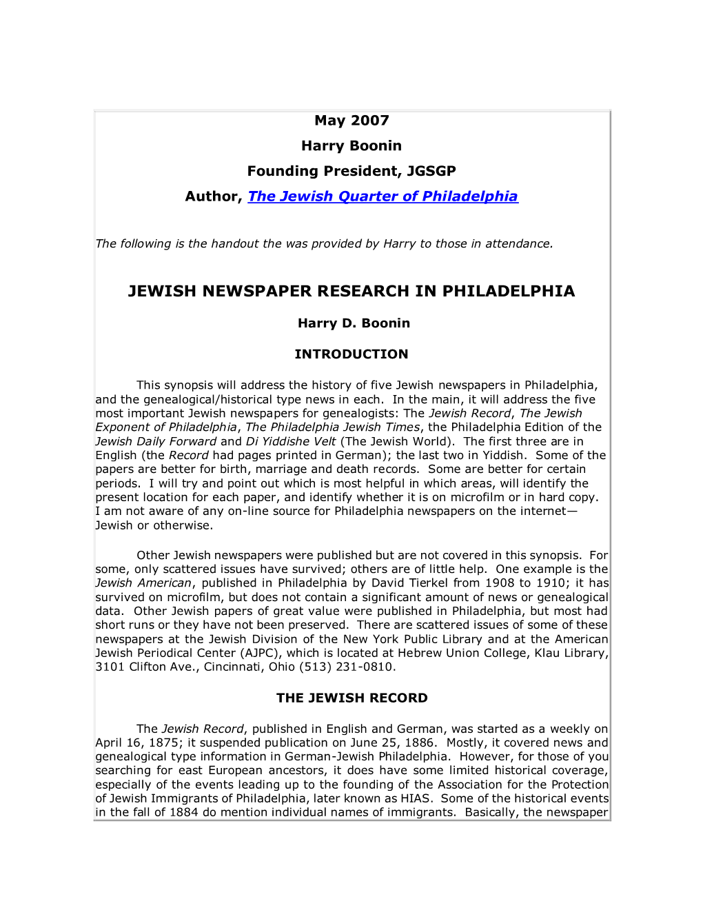 Jewish Newspaper Research in Philadelphia