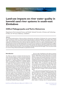 Land-Use Impacts on River Water Quality in Lowveld Sand River Systems in South-East Zimbabwe