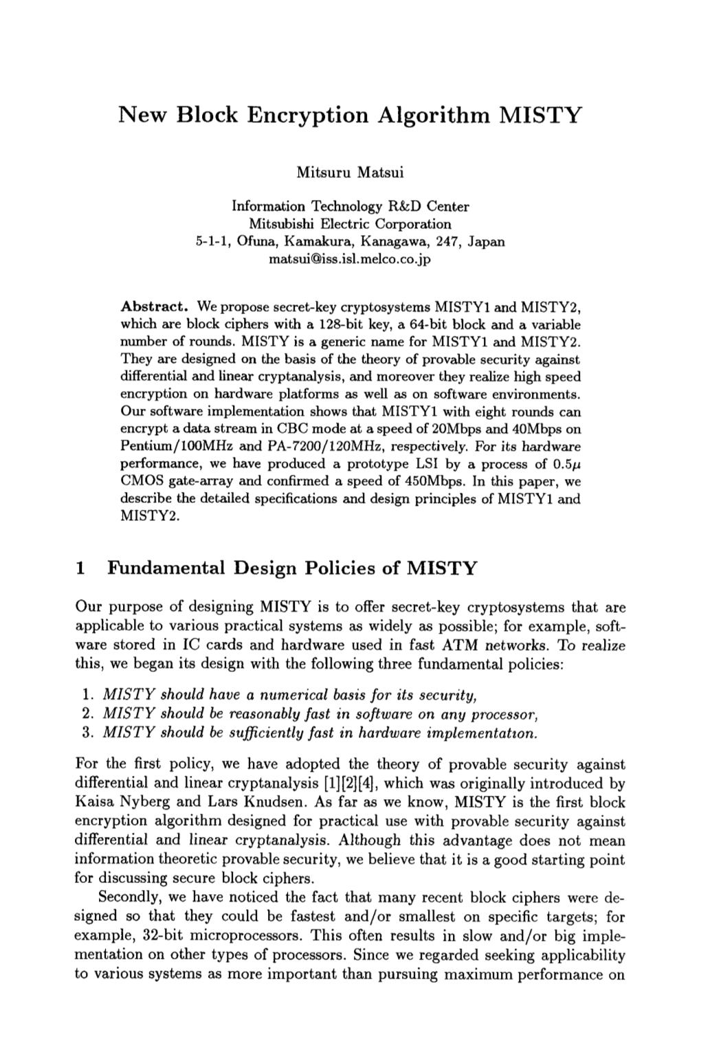 New Block Encryption Algorithm MISTY