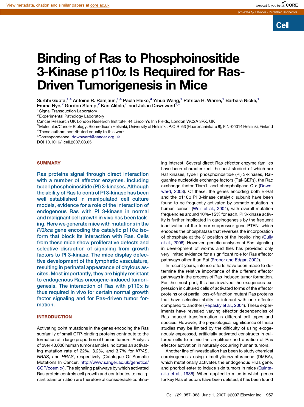 Binding of Ras to Phosphoinositide 3-Kinase P110a Is Required for Ras- Driven Tumorigenesis in Mice