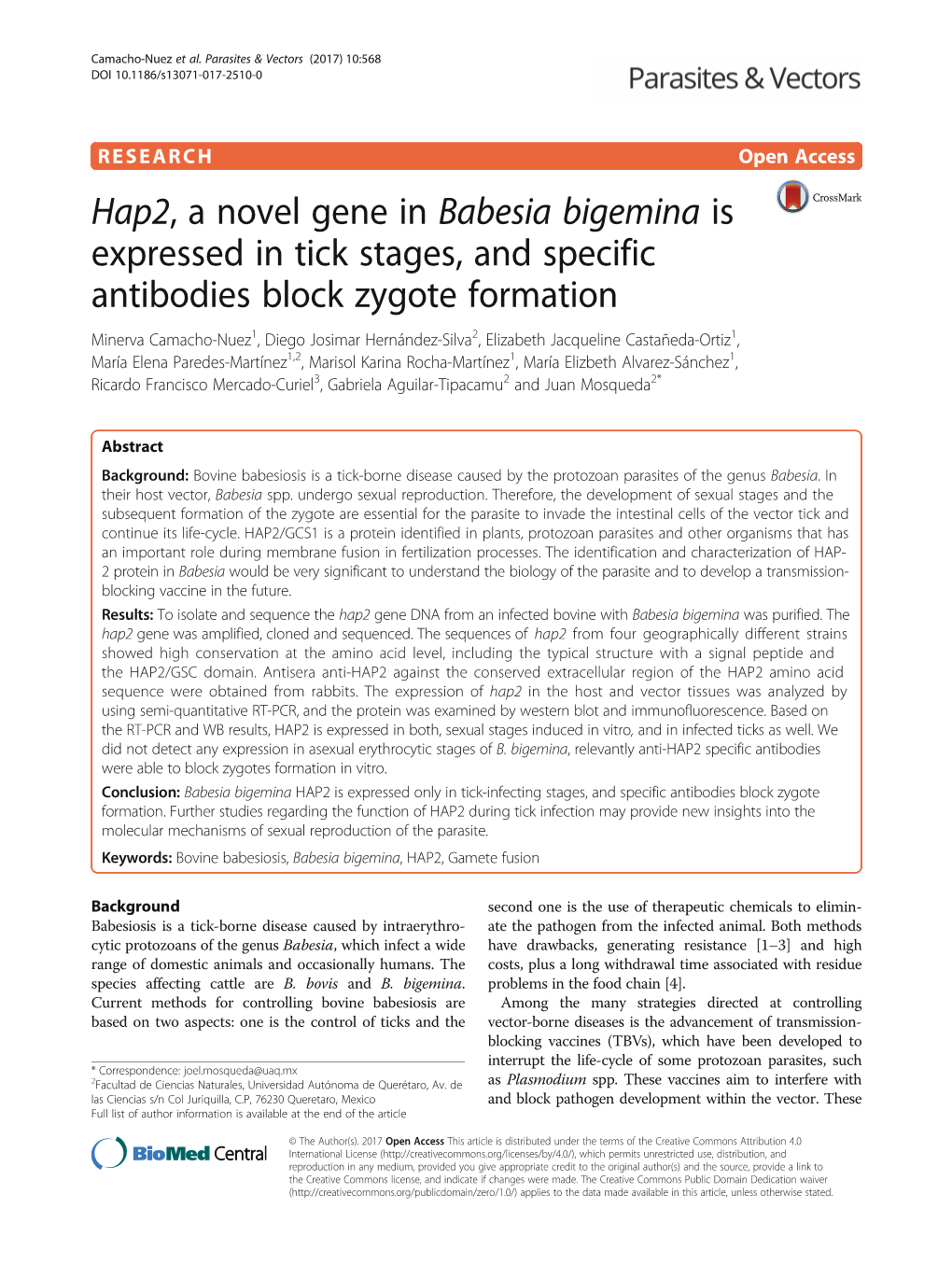 Hap2, a Novel Gene in Babesia Bigemina Is Expressed in Tick