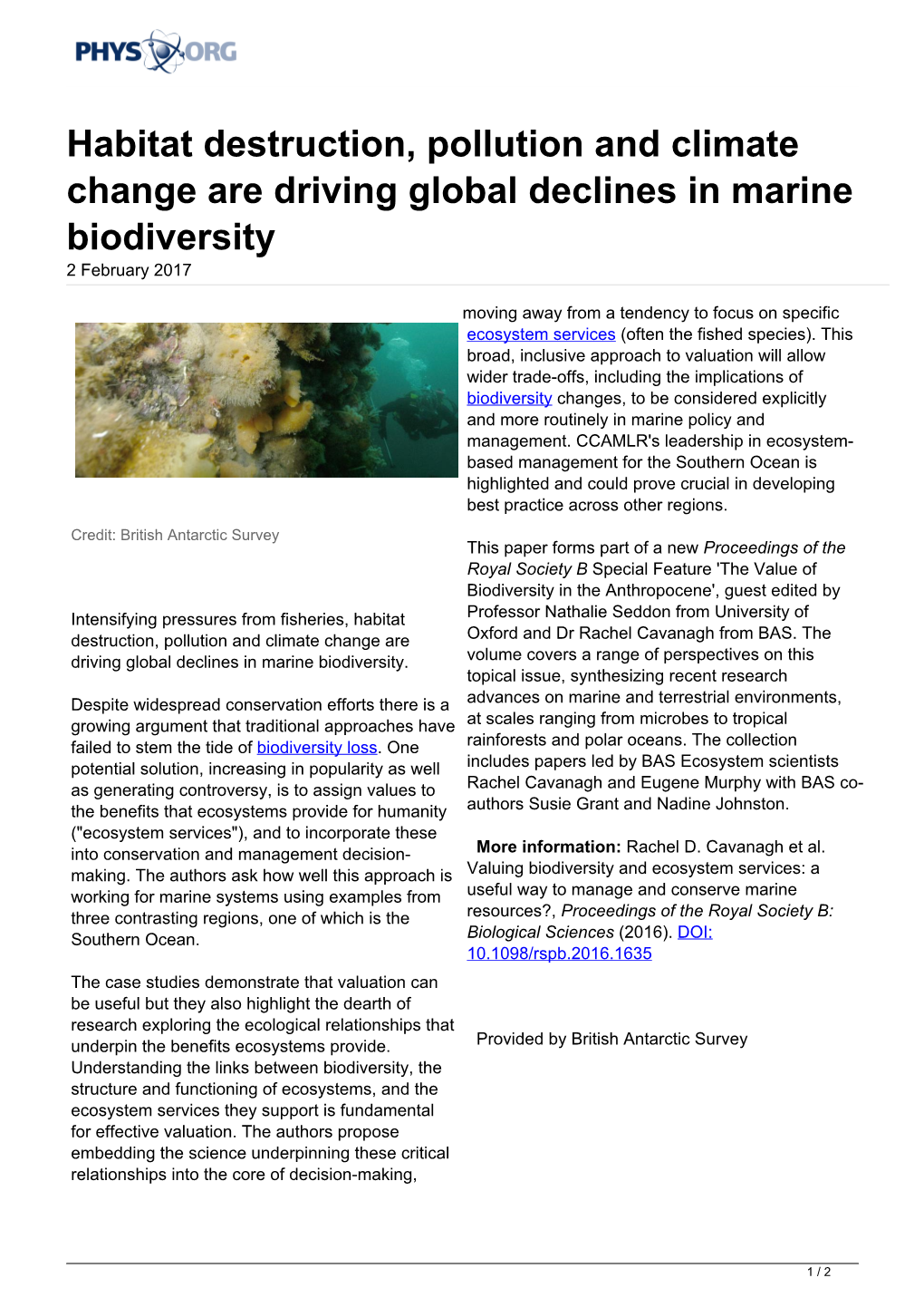 Habitat Destruction, Pollution and Climate Change Are Driving Global Declines in Marine Biodiversity 2 February 2017