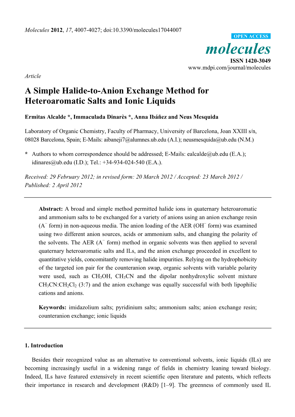 A Simple Halide-To-Anion Exchange Method for Heteroaromatic Salts and Ionic Liquids