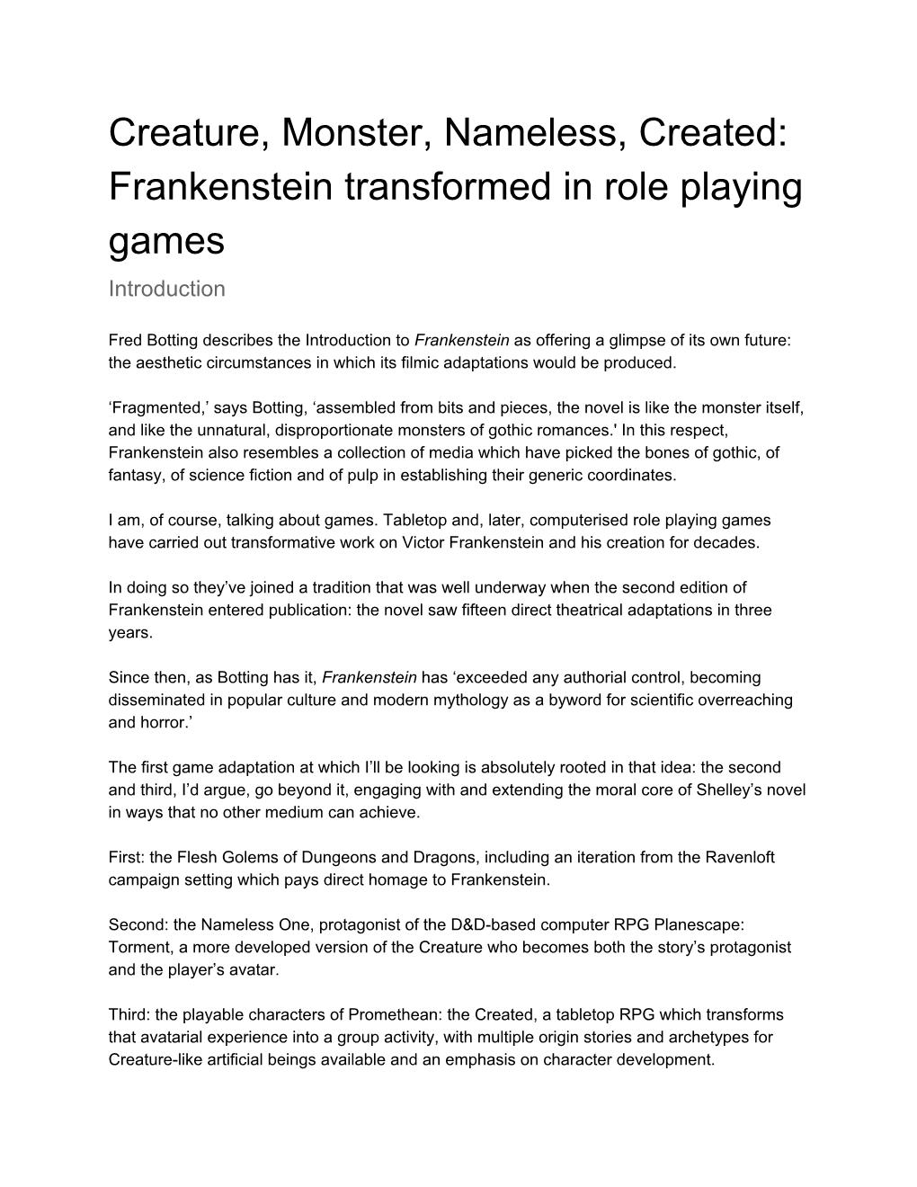 Creature, Monster, Nameless, Created: Frankenstein Transformed in Role Playing Games Introduction