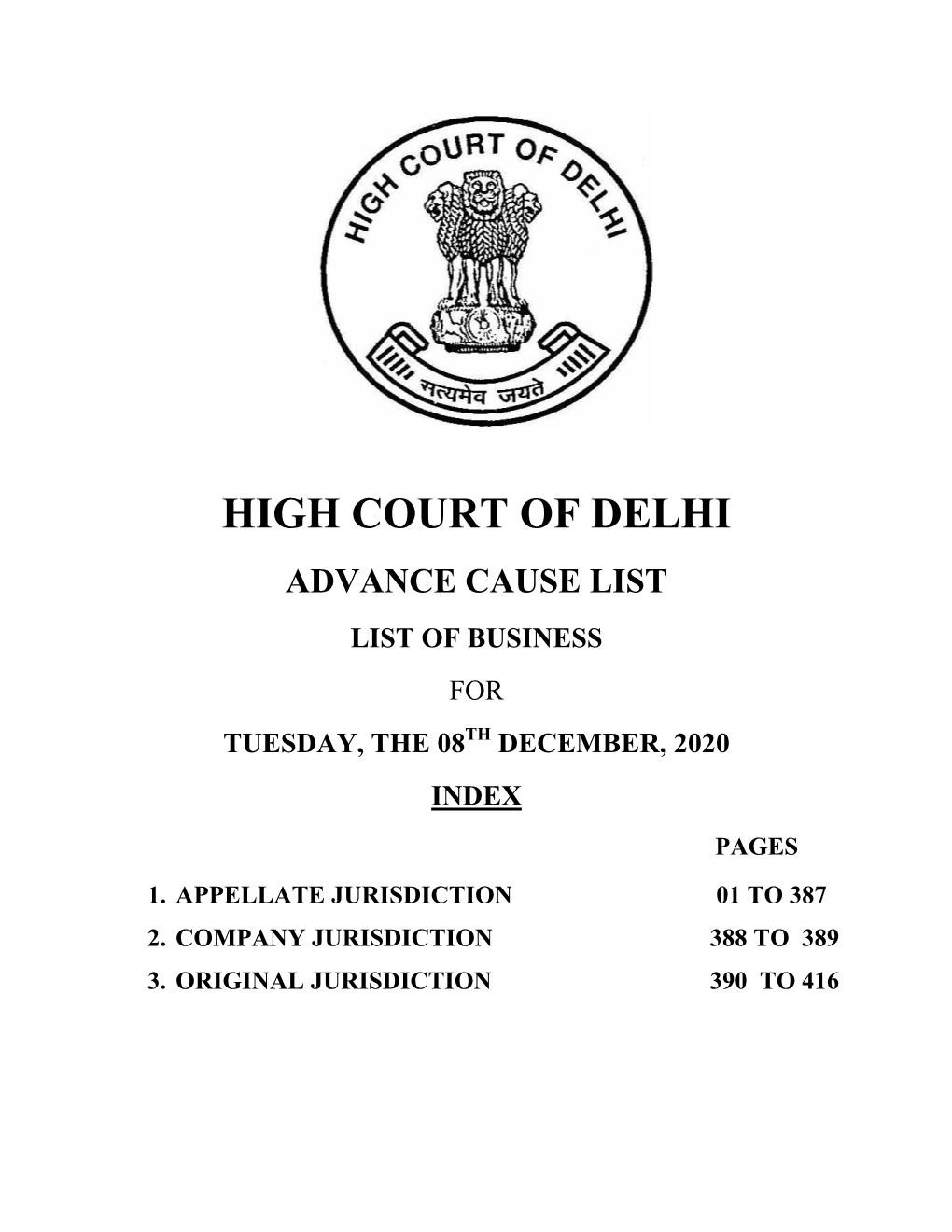 Advance Cause List List of Business for Tuesday, the 08Th December, 2020 Index Pages 1