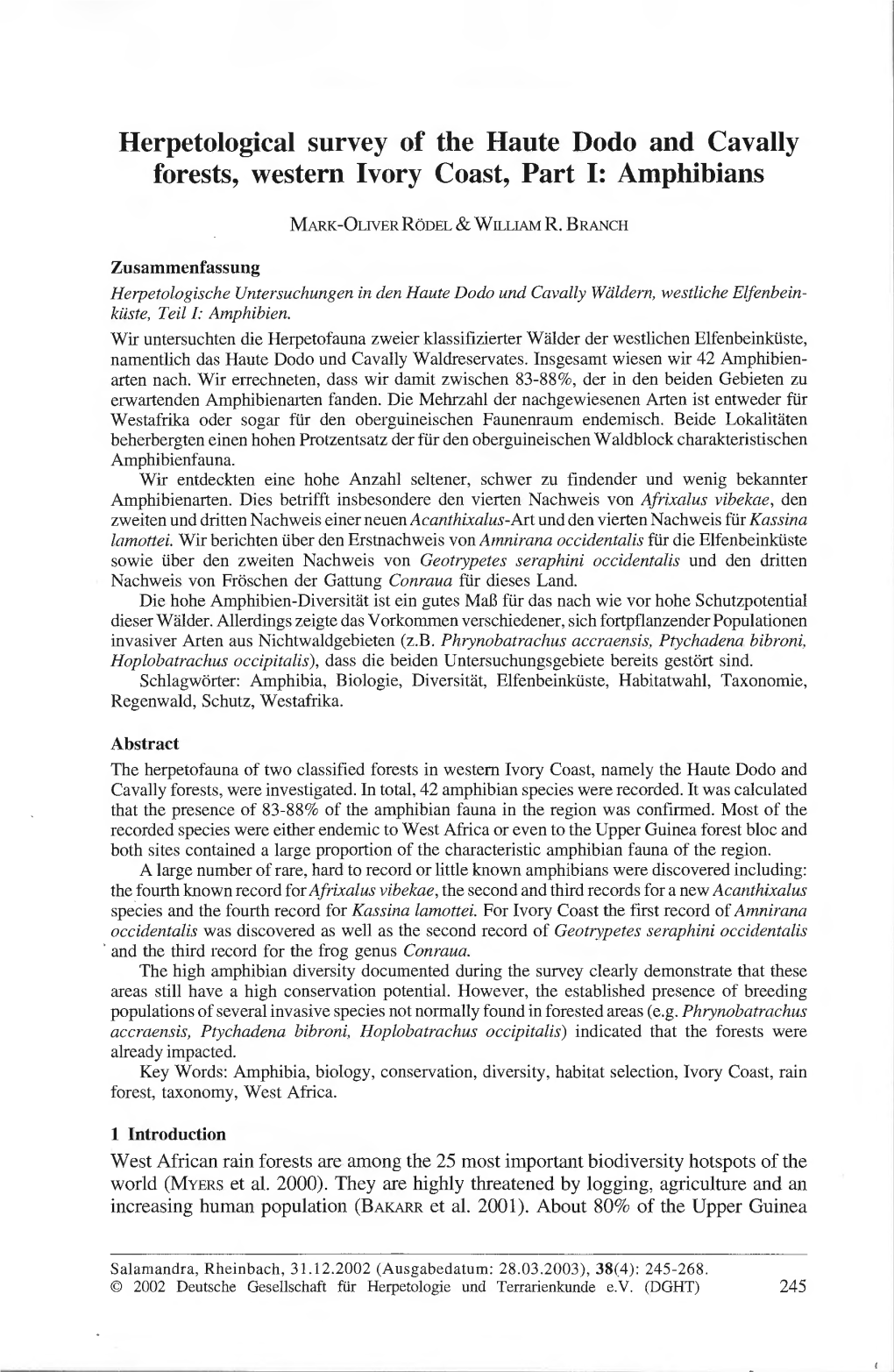 Herpetological Survey of the Haute Dodo and Cavally Forests, Western Ivory Coast, Part I: Amphibians