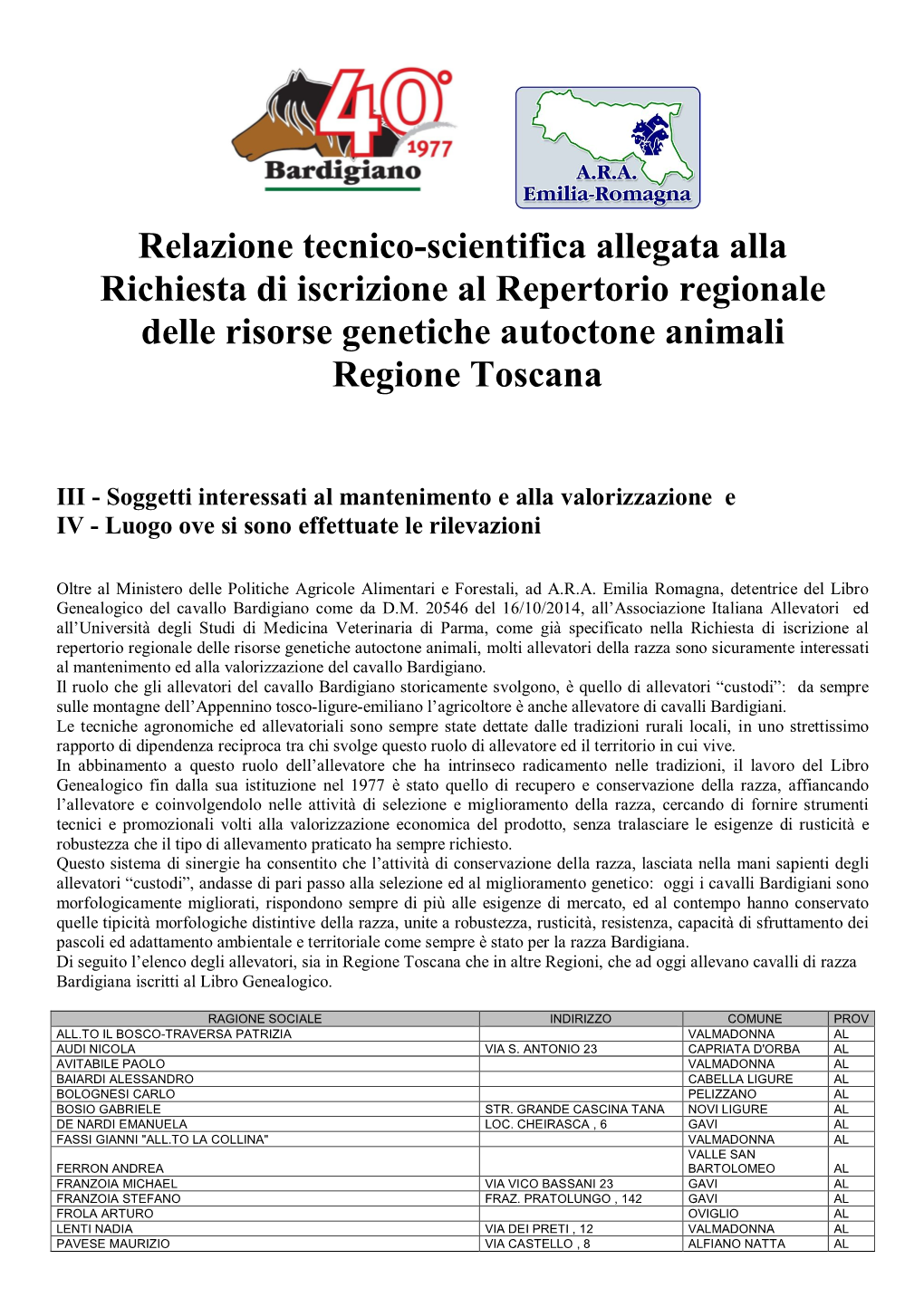 Relazione Tecnico-Scientifica Allegata Alla Richiesta Di Iscrizione Al Repertorio Regionale Delle Risorse Genetiche Autoctone Animali Regione Toscana