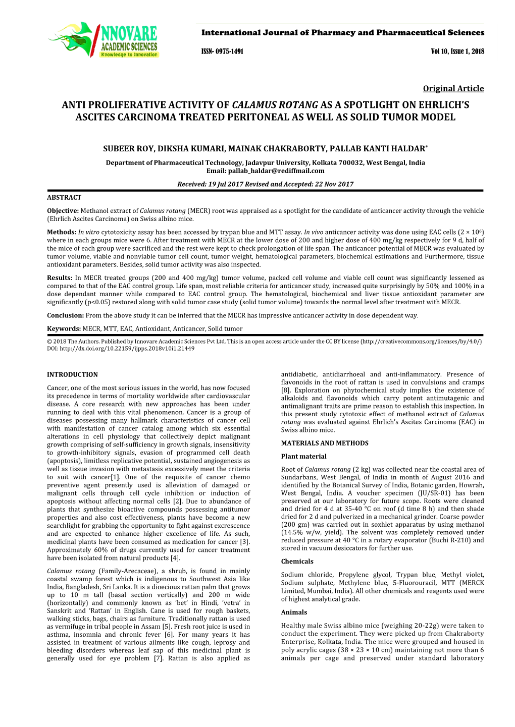 Anti Proliferative Activity of Calamus Rotang As a Spotlight on Ehrlich's Ascites Carcinoma Treated Peritoneal As Well As Soli