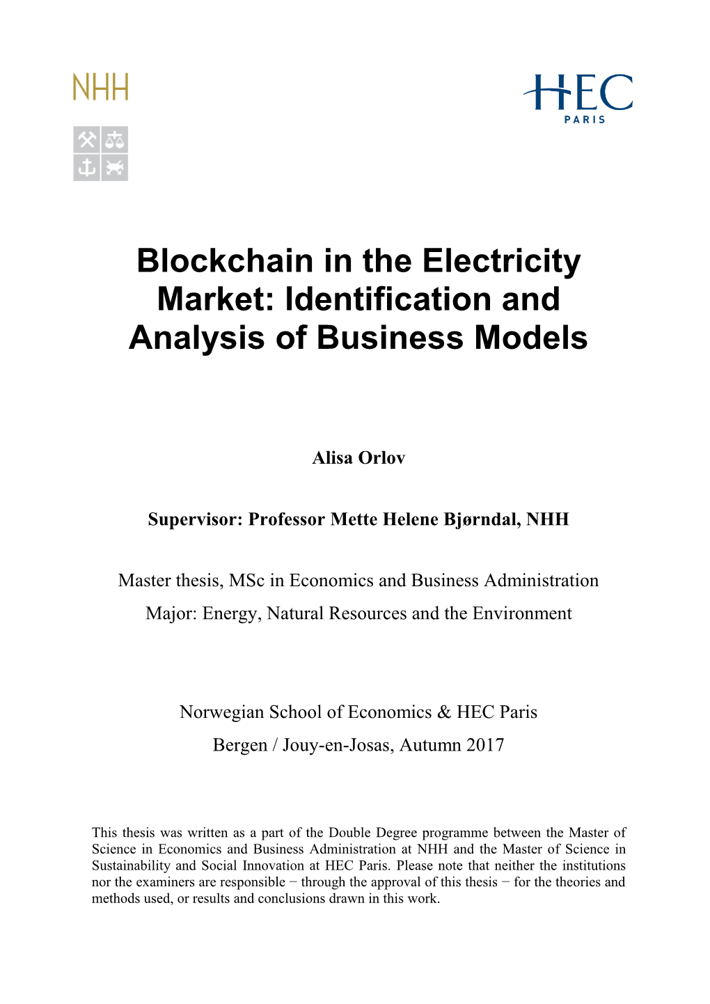 Blockchain in the Electricity Market: Identification and Analysis of Business Models